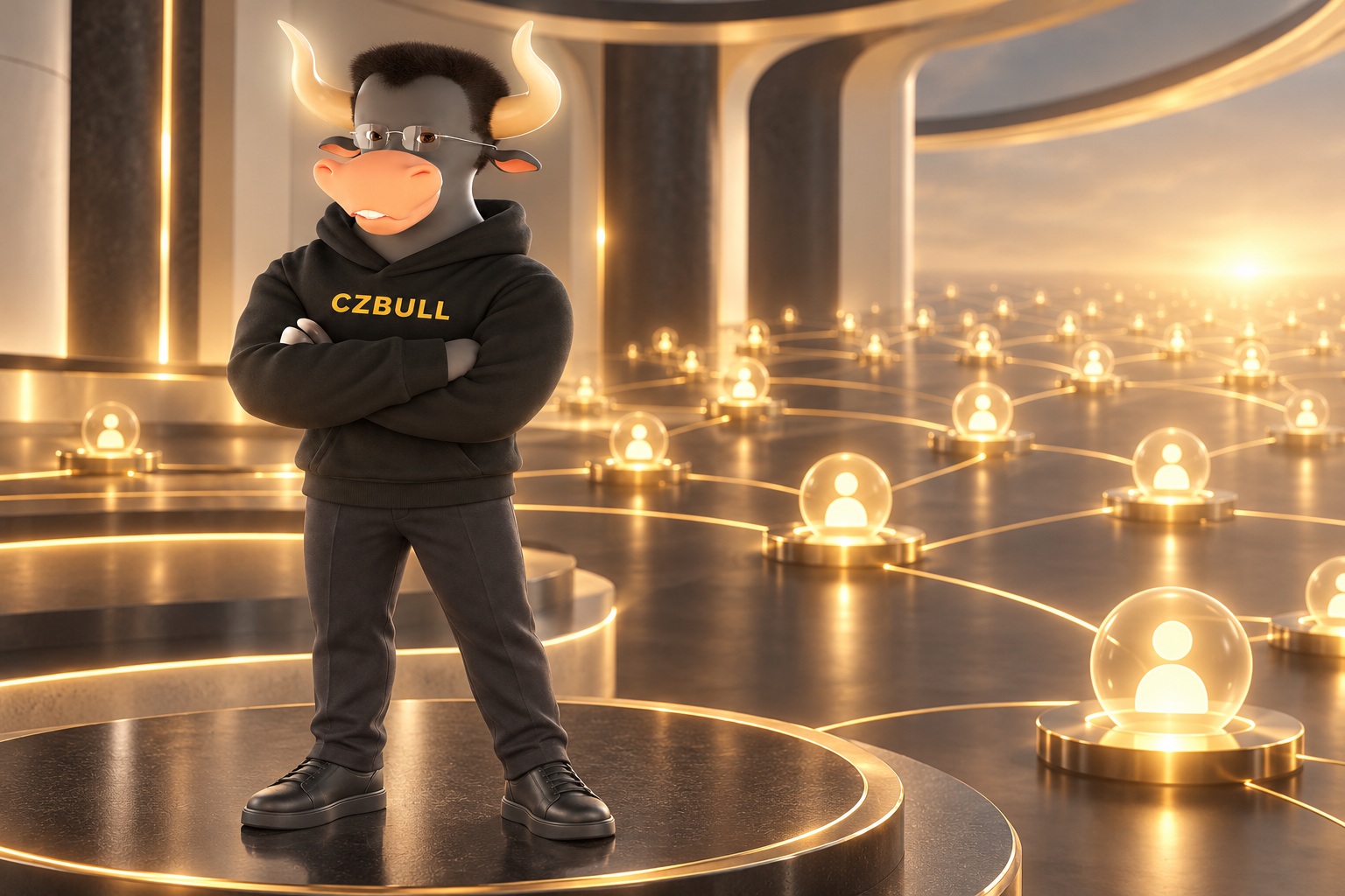CZBull beside a network of glowing golden connections representing a growing community