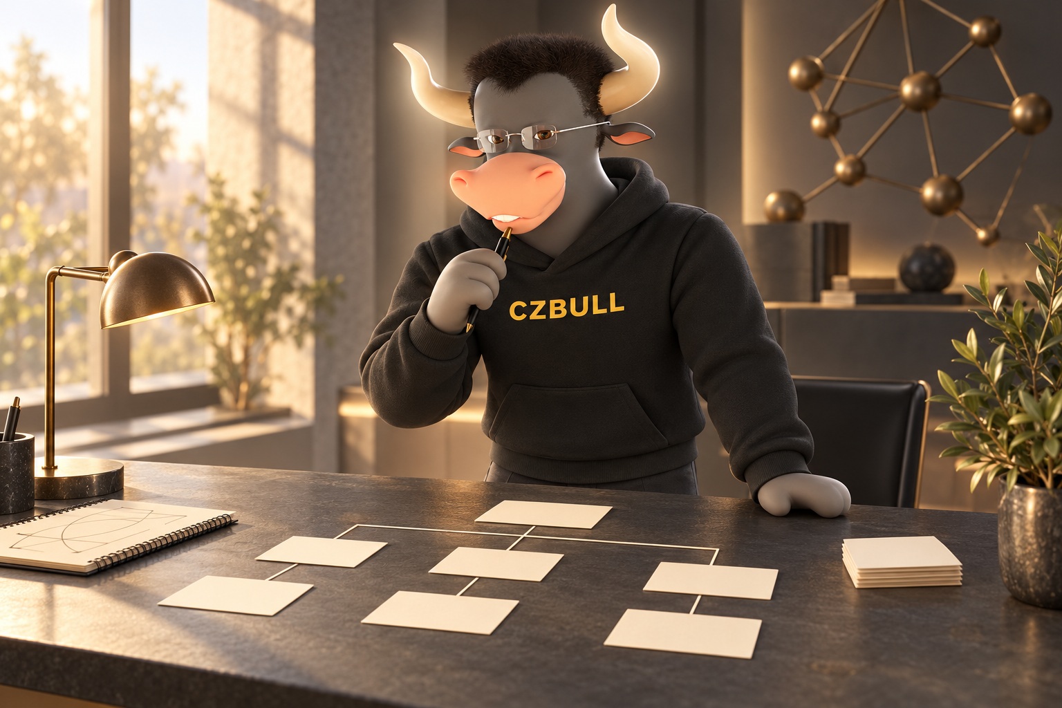 CZBull in his black hoodie reviewing concept cards at a creative planning desk